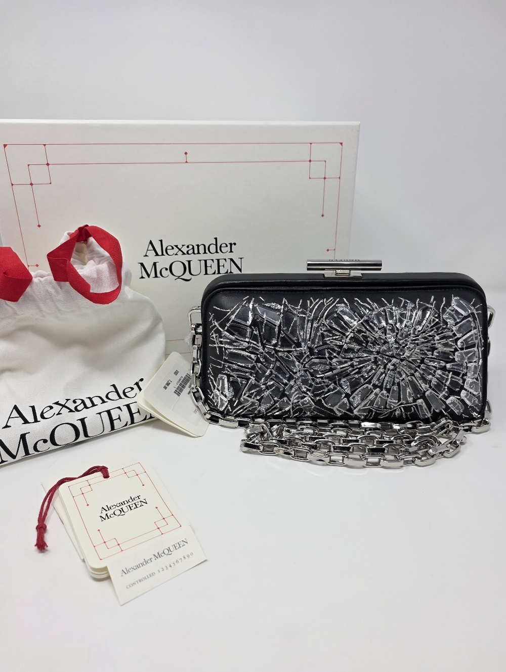 Alexander McQueen T-Bar Broken Glass Small Box Clutch Bag Black Silver Chain IT